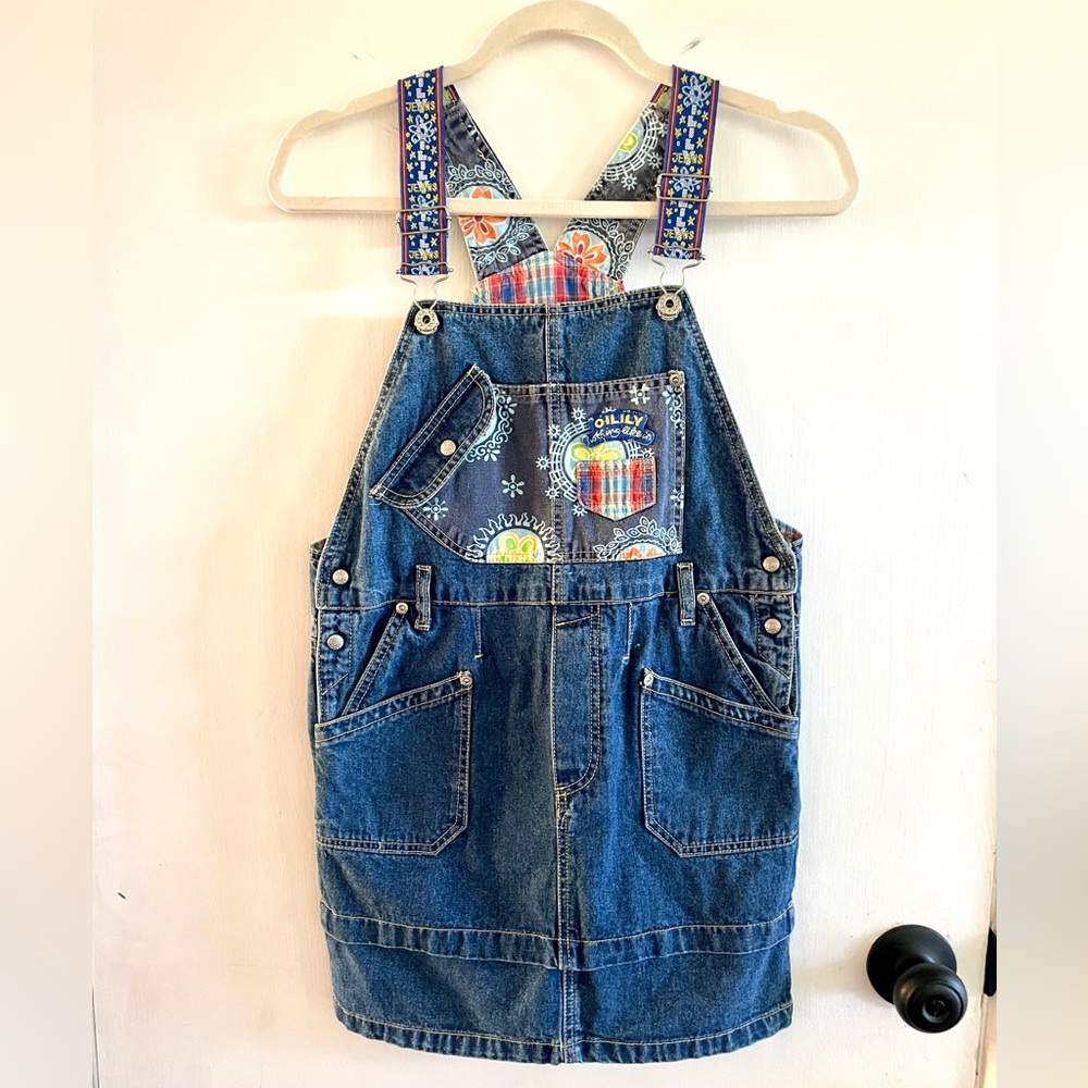 Little Girls Oilily Patchwork Denim Jumper Skirt Dress Overalls sz 140 US 9-10